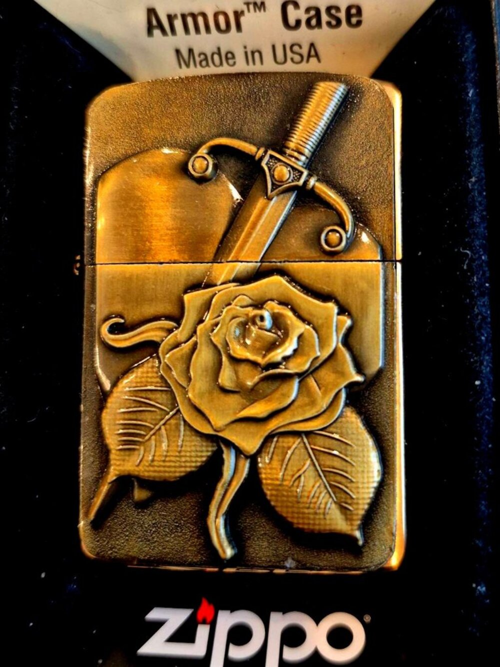 Cool Rose & Sword 3D Brass Armor Emblem Zippo Lighter